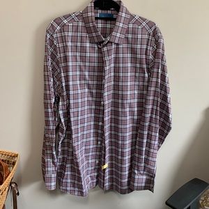 Fairline grey/black/white/orange plaid cotton button up 16.5” neck, 27” sleeves